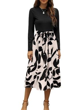 Zattcas Women's Black Apricot Round Neck Ribbed Long Sleeve Pull on Midi Dresses